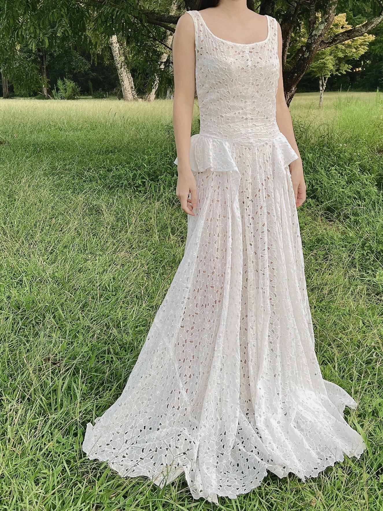 1930s Ivory Organdy Embroidered Cutout Gown - S