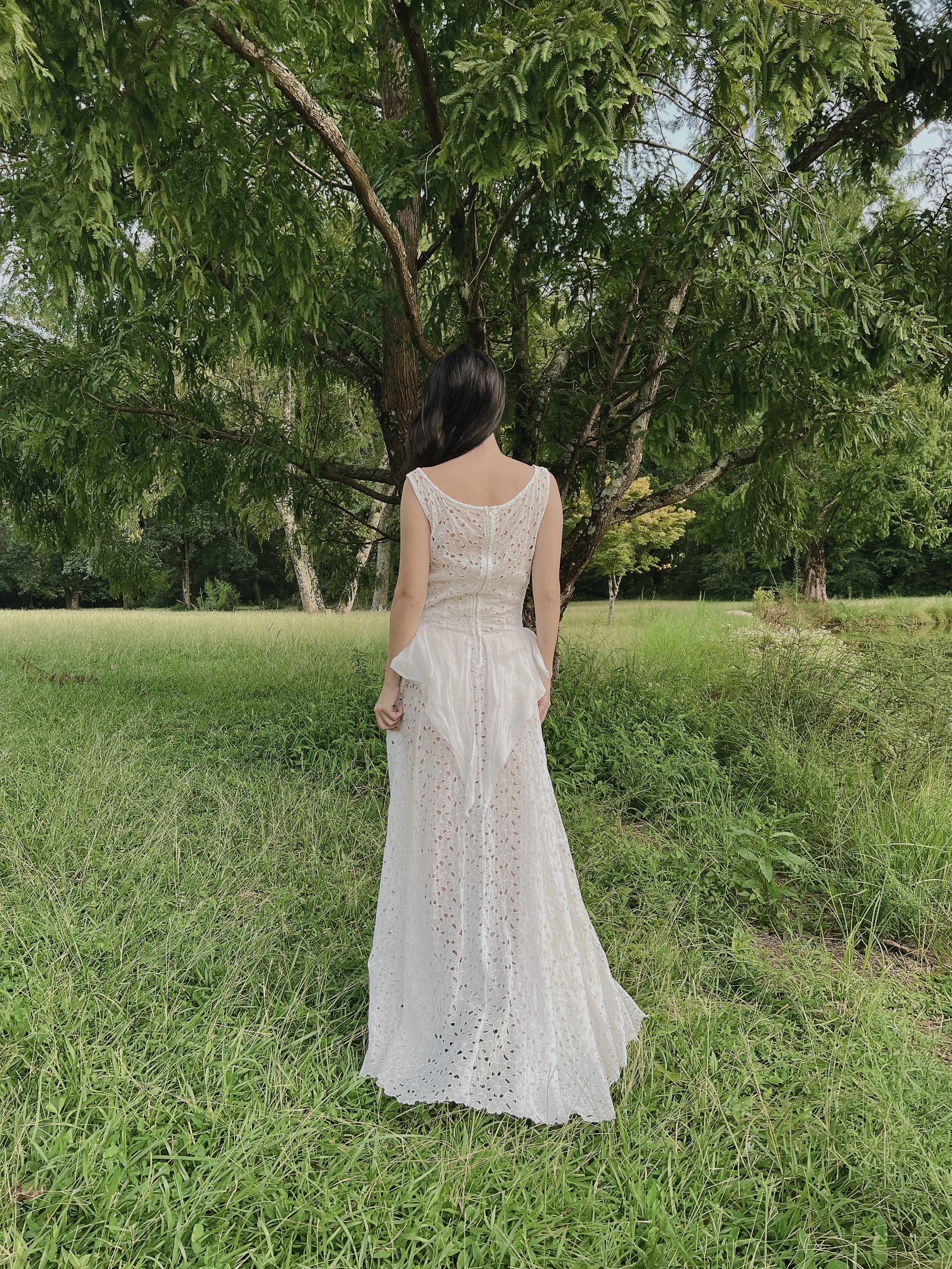 1930s Ivory Organdy Embroidered Cutout Gown - S