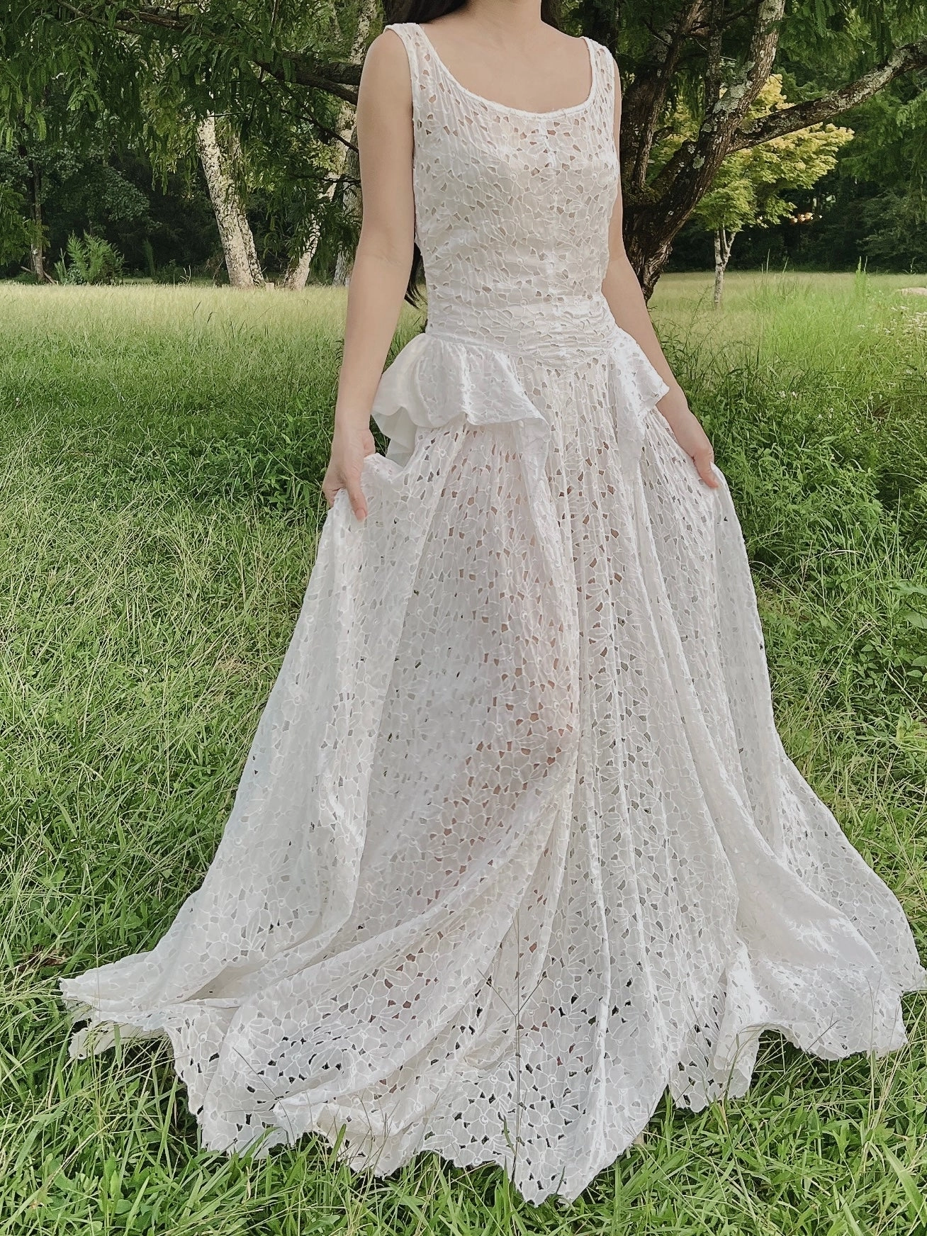 1930s Ivory Organdy Embroidered Cutout Gown - S