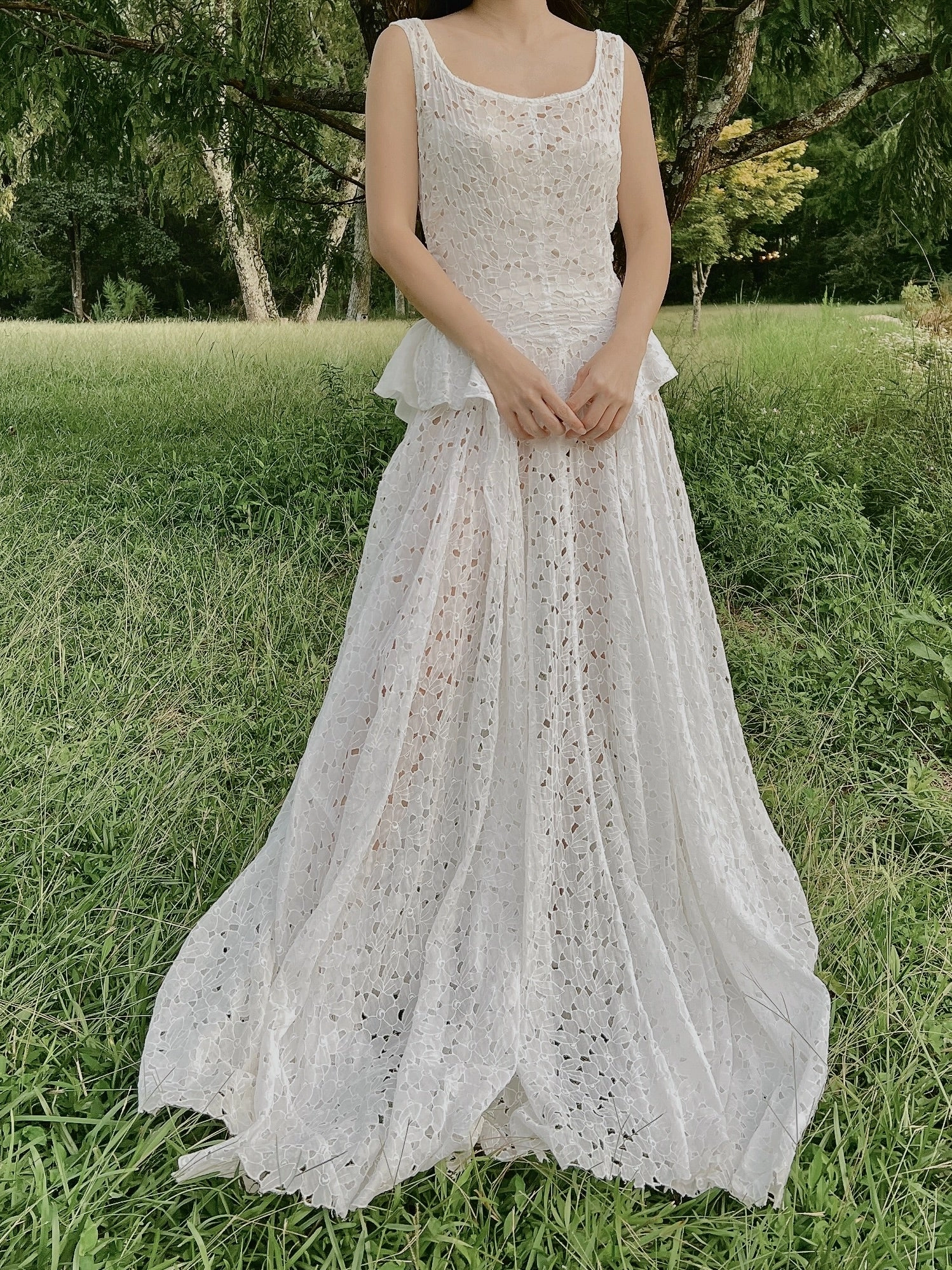 1930s Ivory Organdy Embroidered Cutout Gown - S