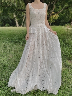 1930s Ivory Organdy Embroidered Cutout Gown - S