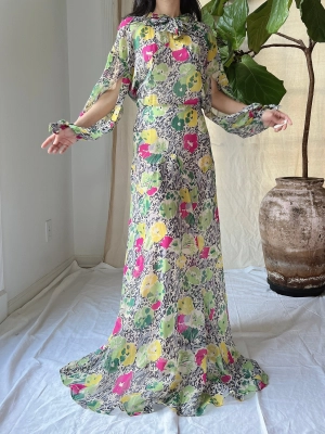 1930s Silk Chiffon Floral Gown - M