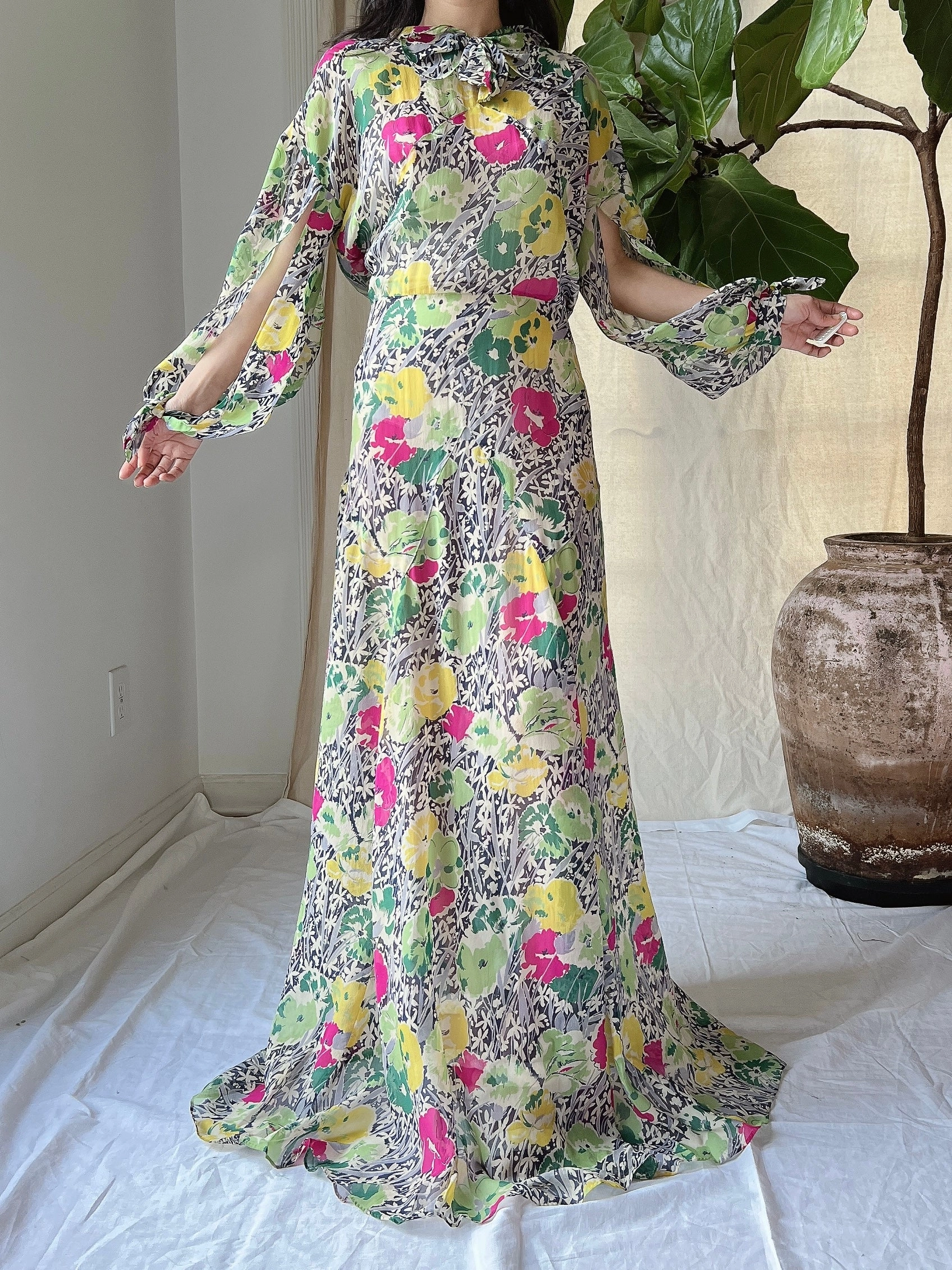 1930s Silk Chiffon Floral Gown - M