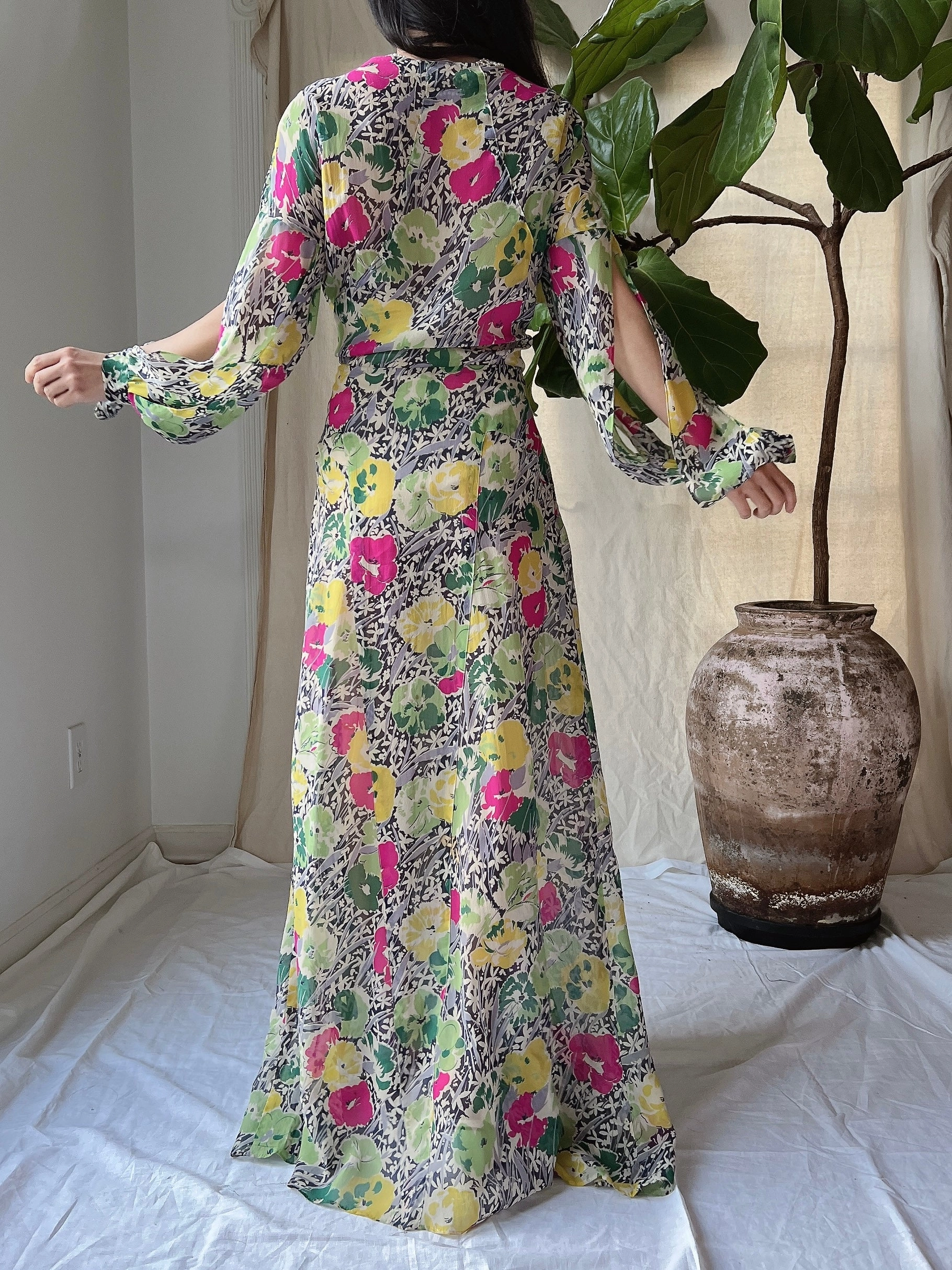 1930s Silk Chiffon Floral Gown - M