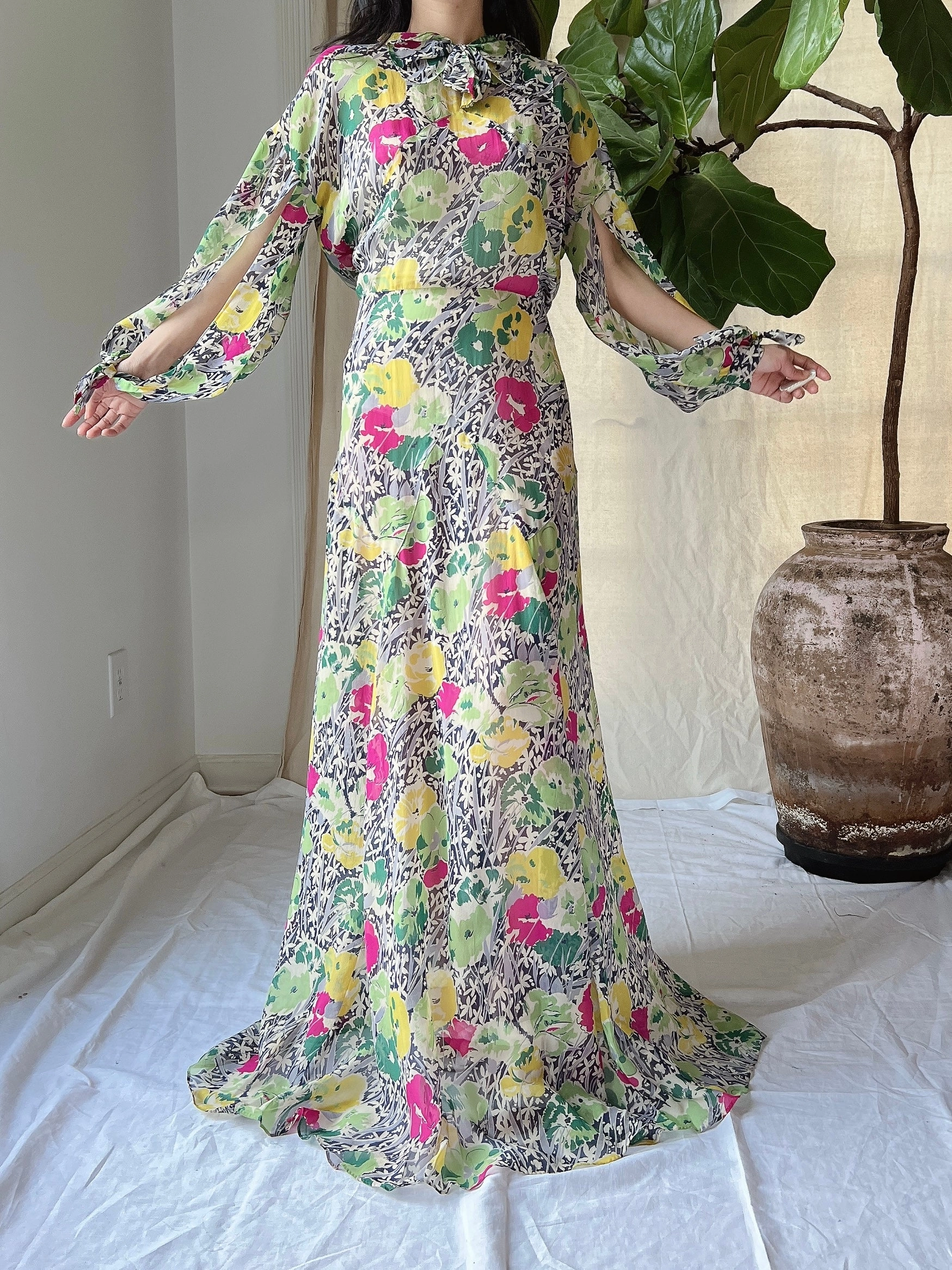 1930s Silk Chiffon Floral Gown - M