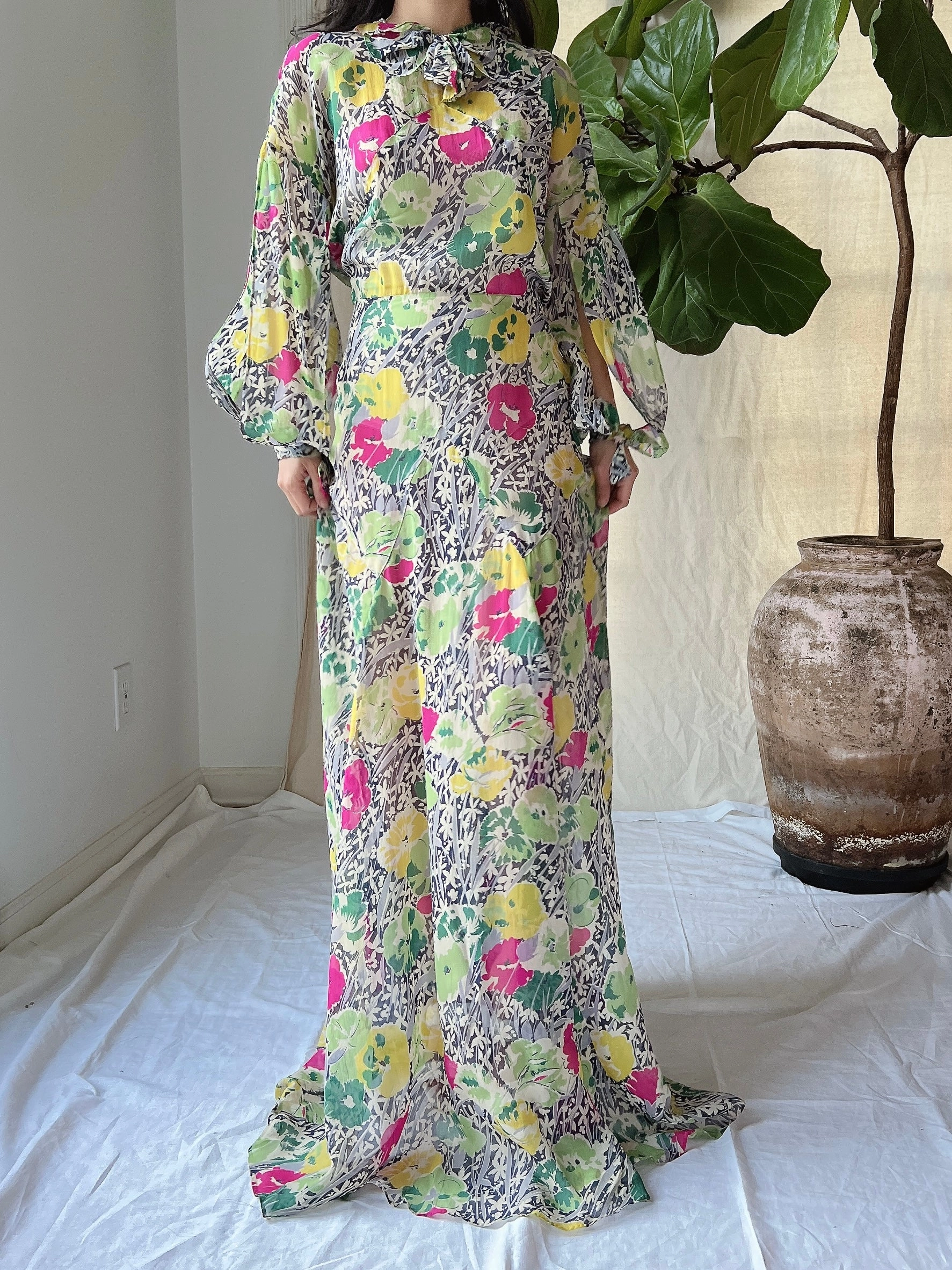 1930s Silk Chiffon Floral Gown - M
