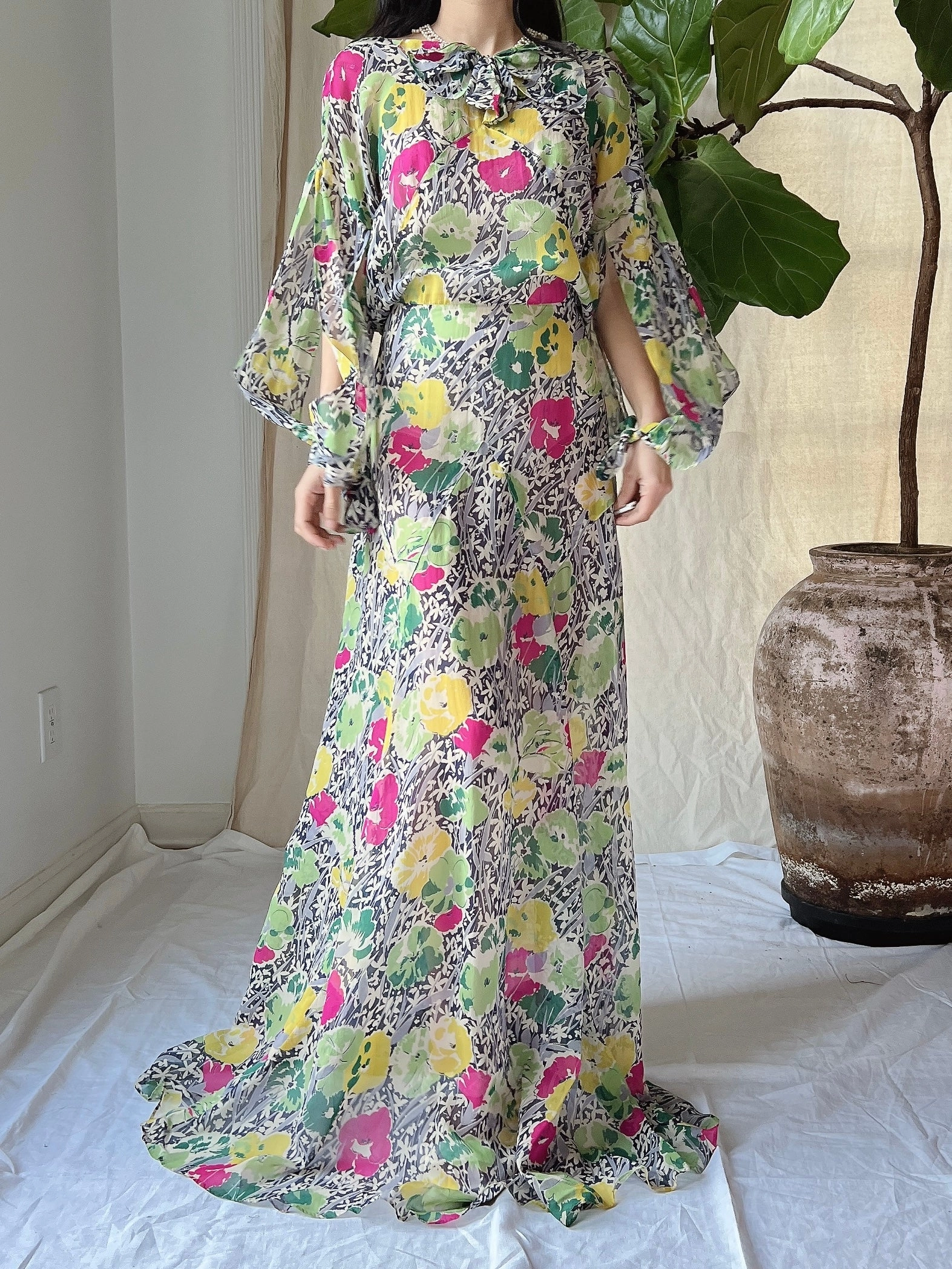 1930s Silk Chiffon Floral Gown - M