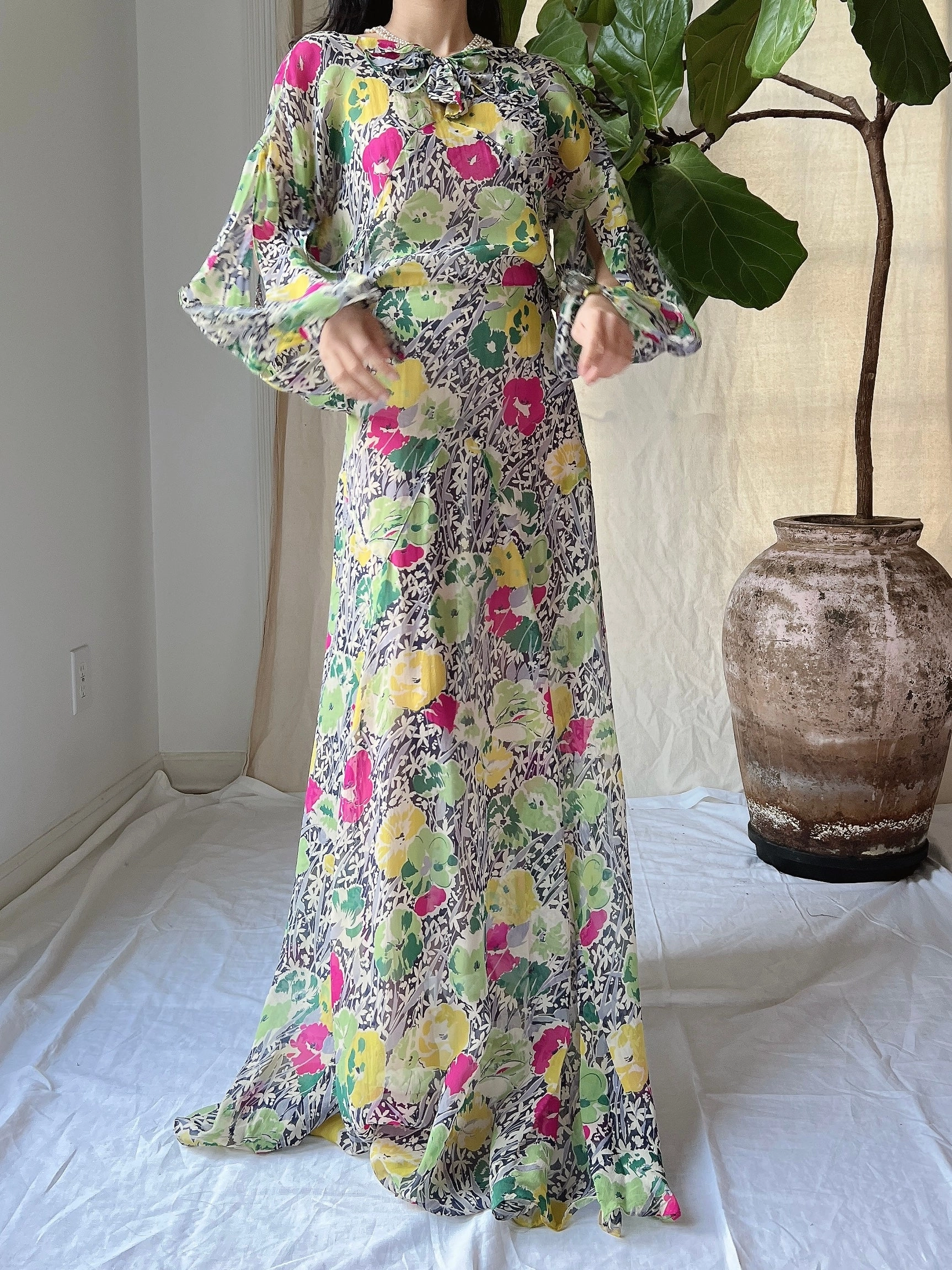 1930s Silk Chiffon Floral Gown - M