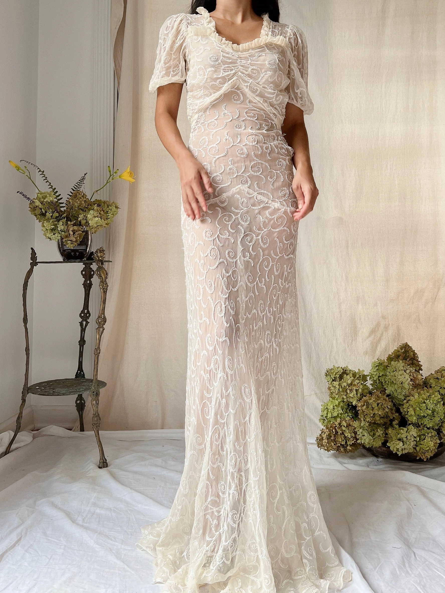 1930s Silk Embroidered Gown - XS