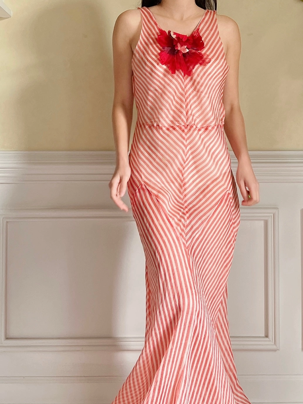 1930s Striped Silk Organza Gown - S