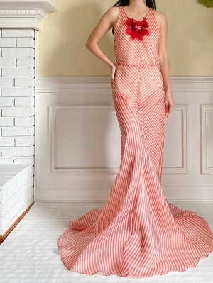1930s Striped Silk Organza Gown - S