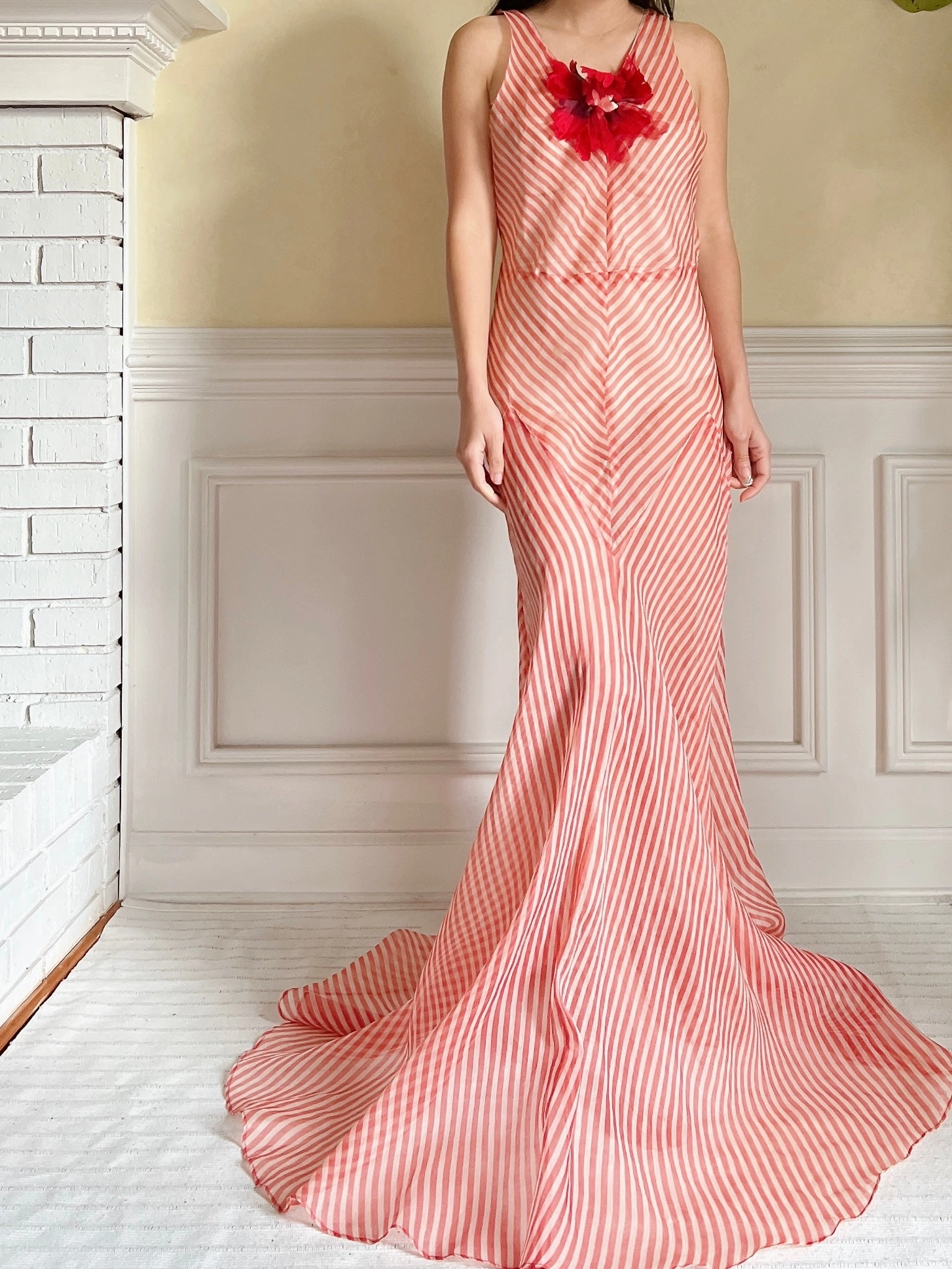 1930s Striped Silk Organza Gown - S