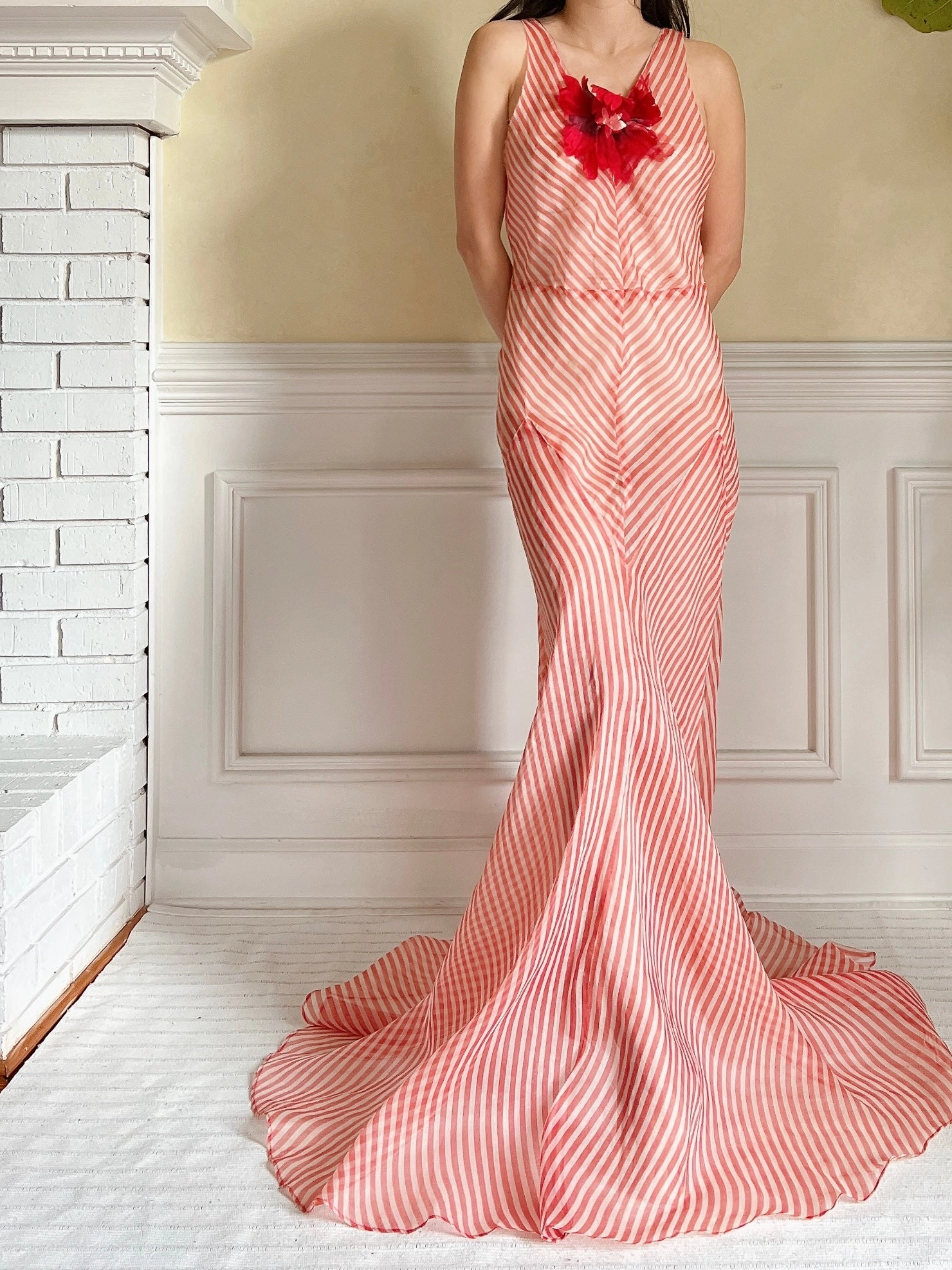 1930s Striped Silk Organza Gown - S