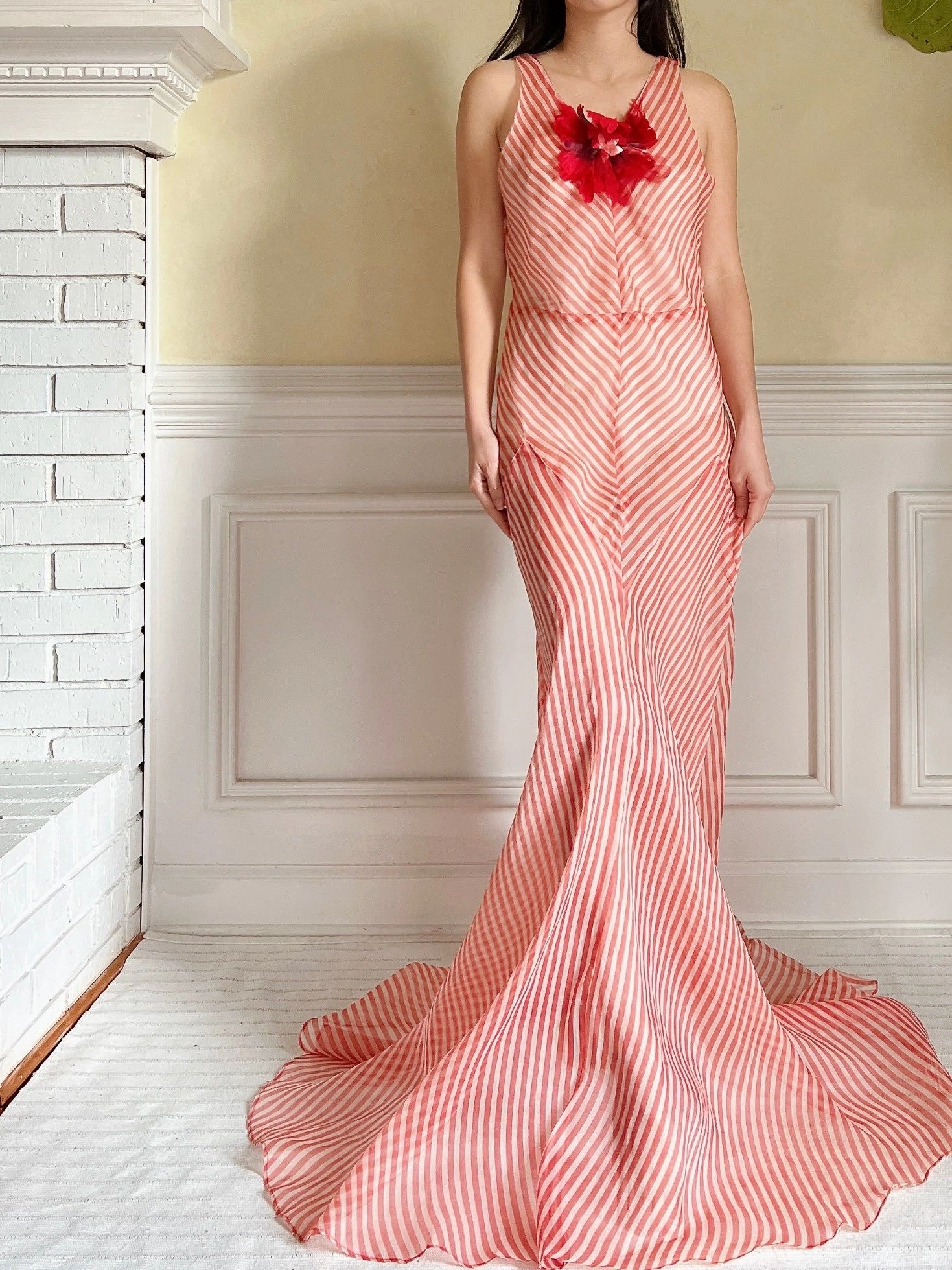 1930s Striped Silk Organza Gown - S
