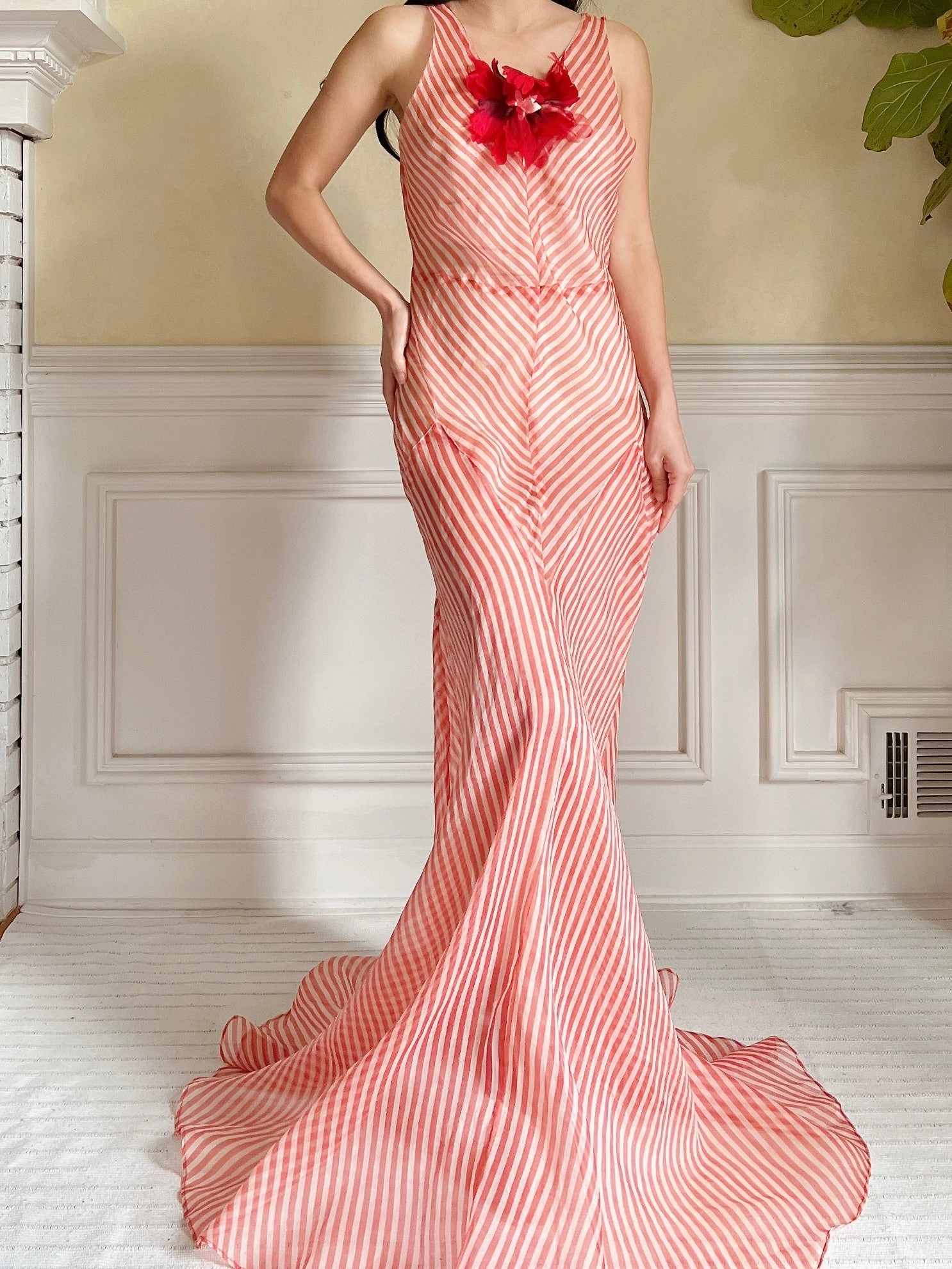 1930s Striped Silk Organza Gown - S