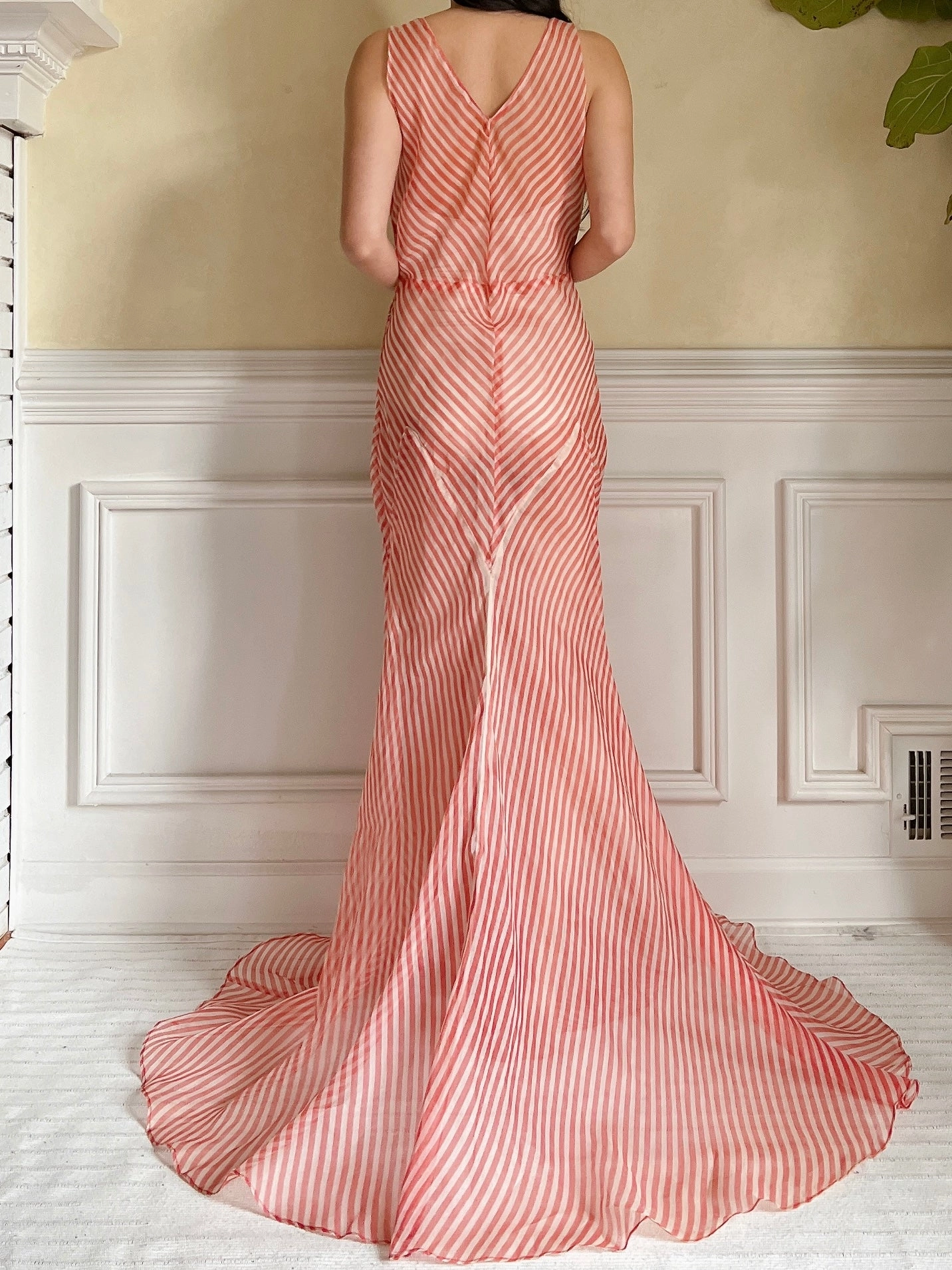 1930s Striped Silk Organza Gown - S