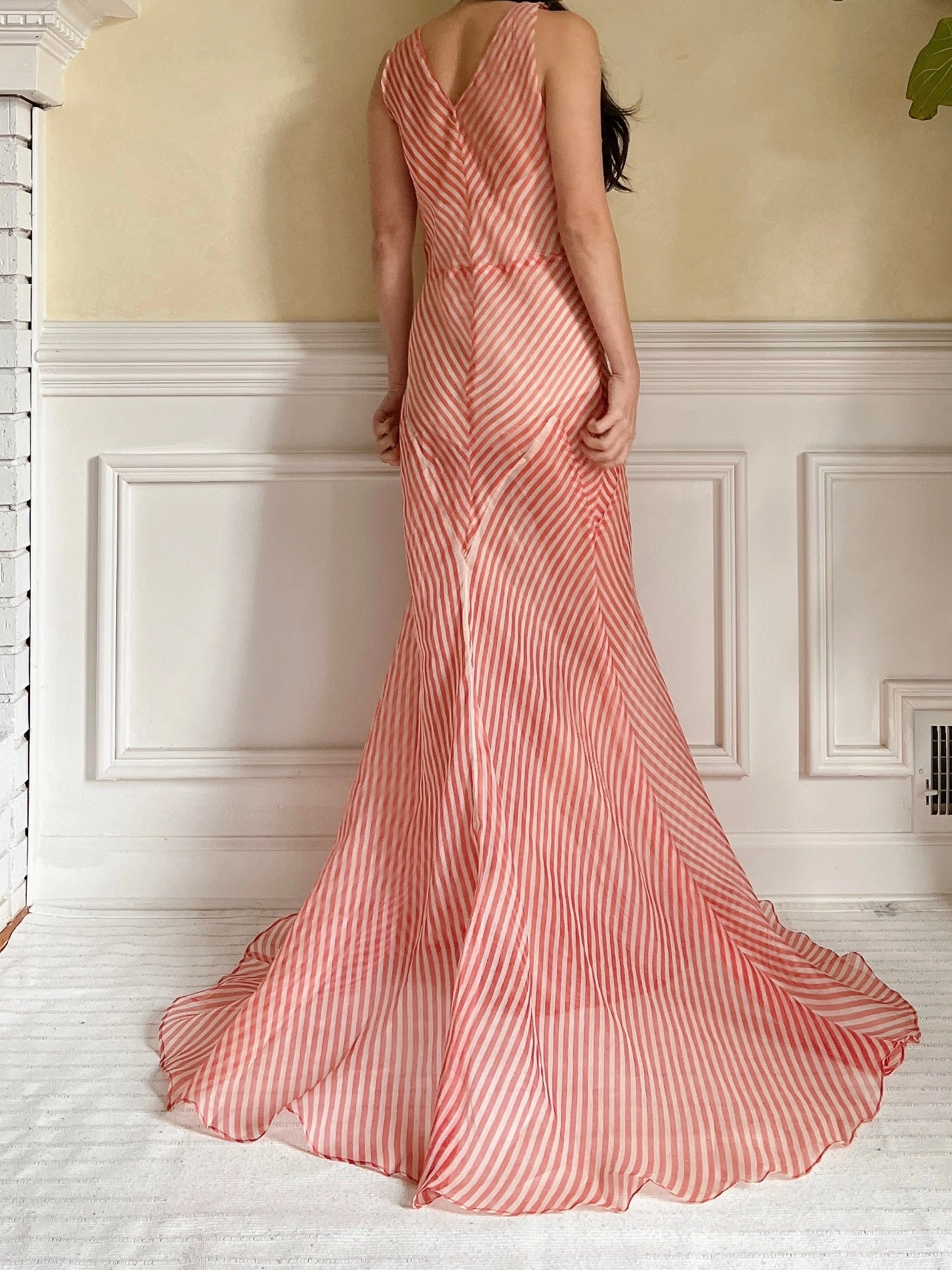 1930s Striped Silk Organza Gown - S