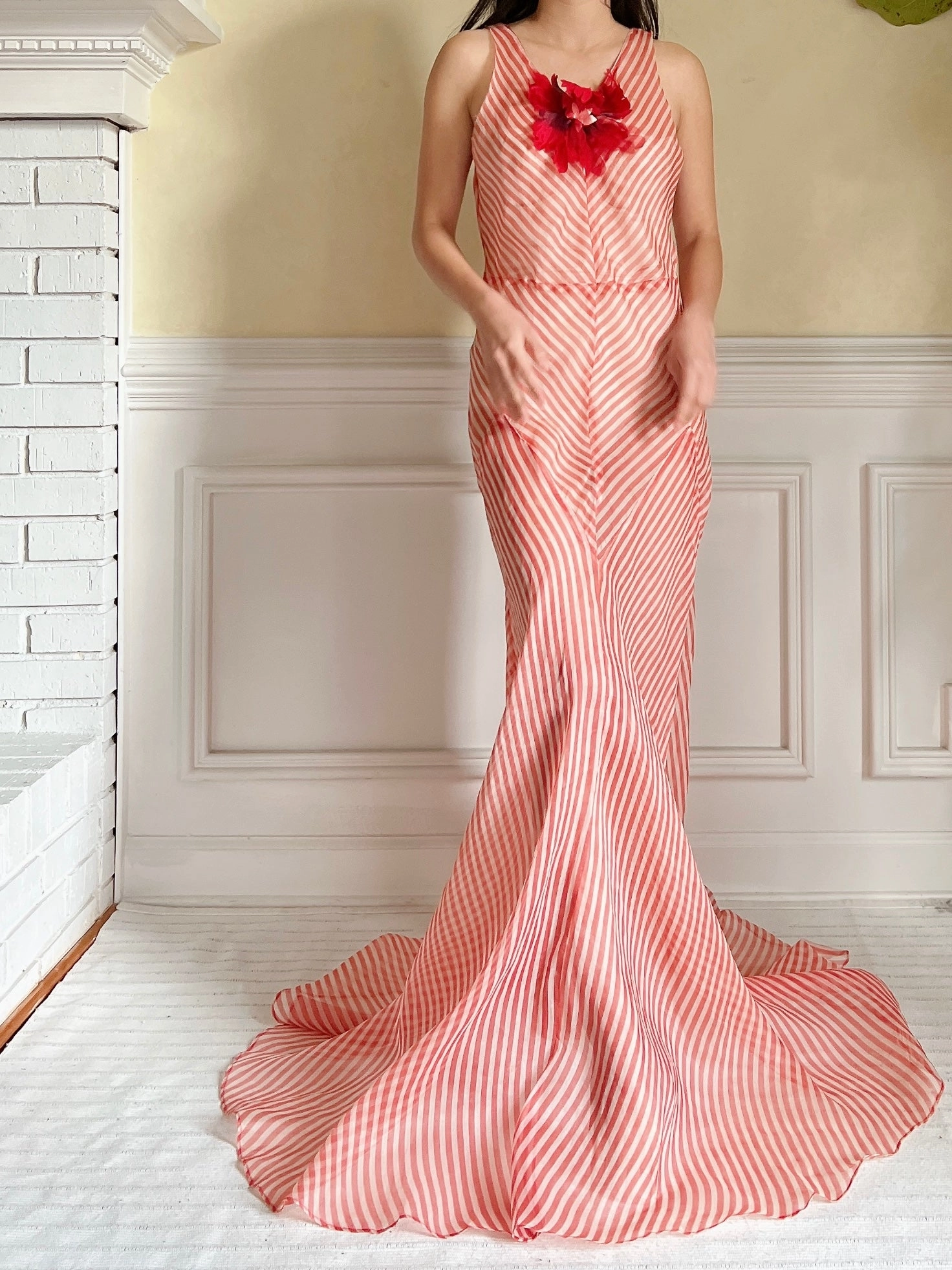 1930s Striped Silk Organza Gown - S
