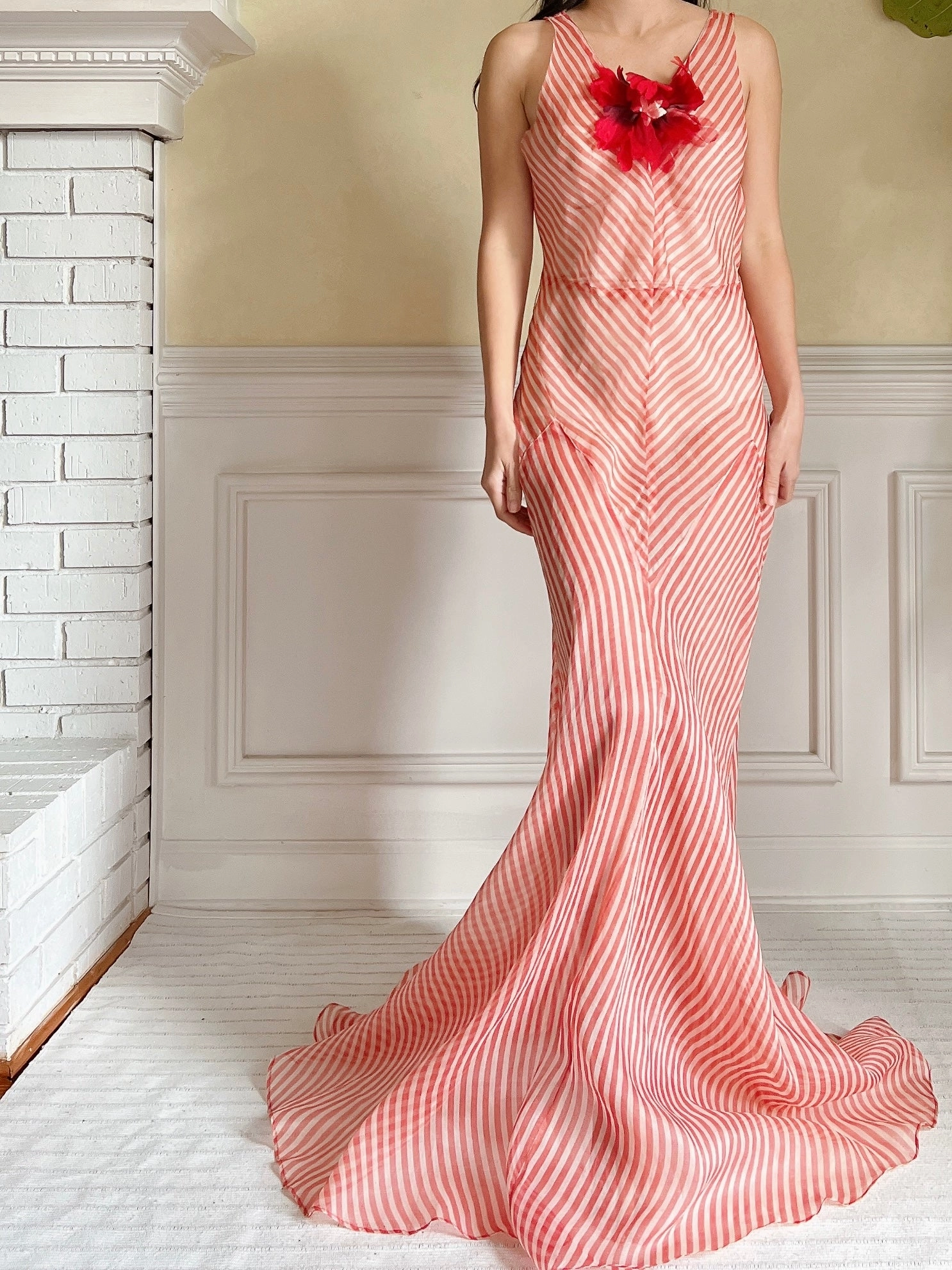 1930s Striped Silk Organza Gown - S