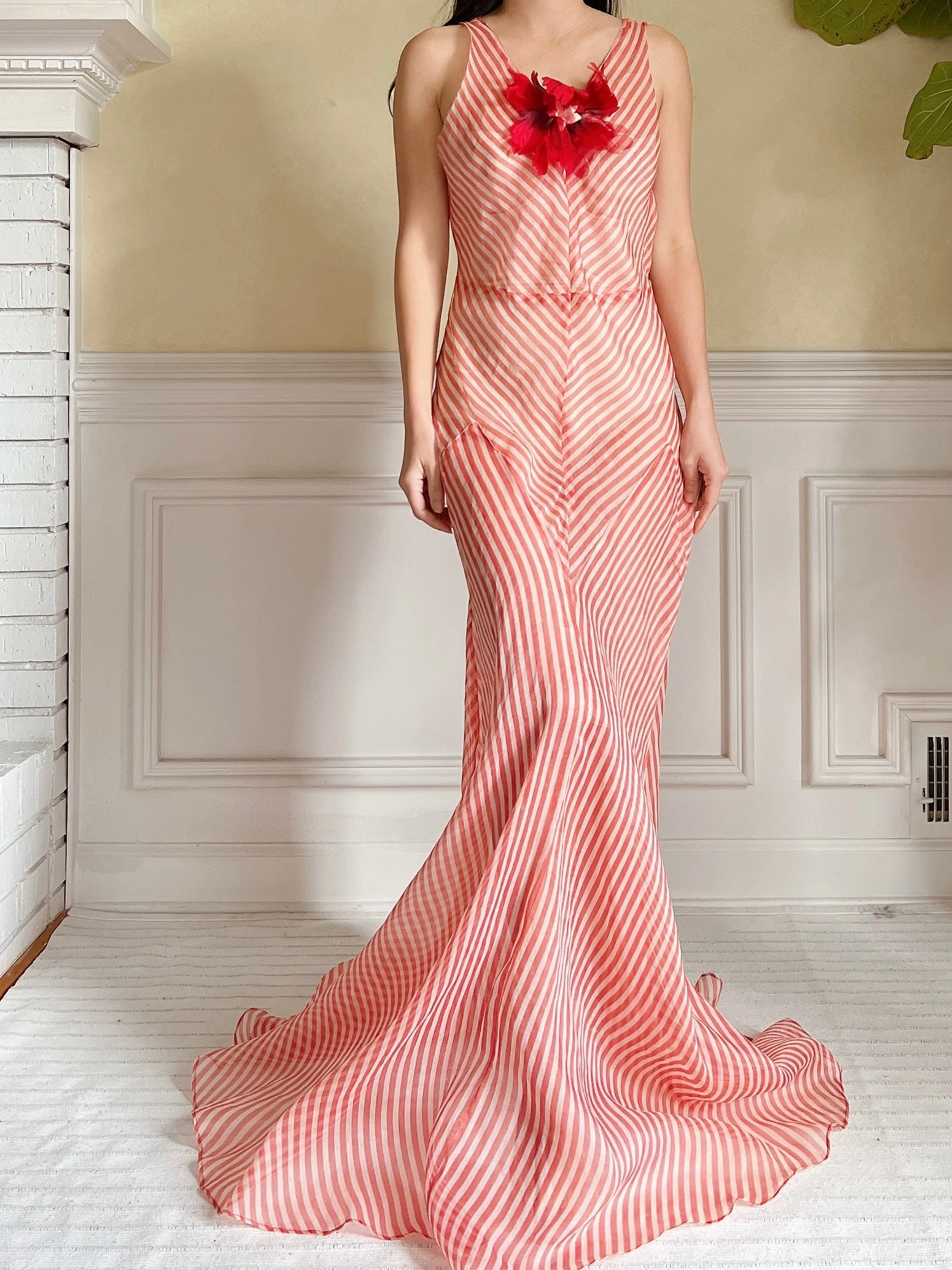 1930s Striped Silk Organza Gown - S