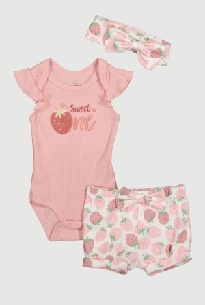 Baby Girls 0-9M Chenille Sweet One Patch Graphic Bodysuit and Shorts