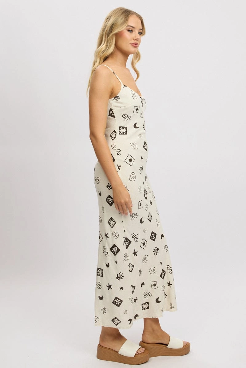 Beige Abstract Maxi Dress Bias Cut Linen Blend