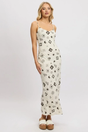 Beige Abstract Maxi Dress Bias Cut Linen Blend