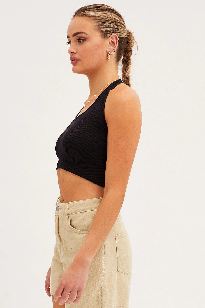 Black Halter Top Round Neck Seamless