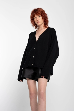 BLACK MERINO DECONSTRUCTED CARDIGAN