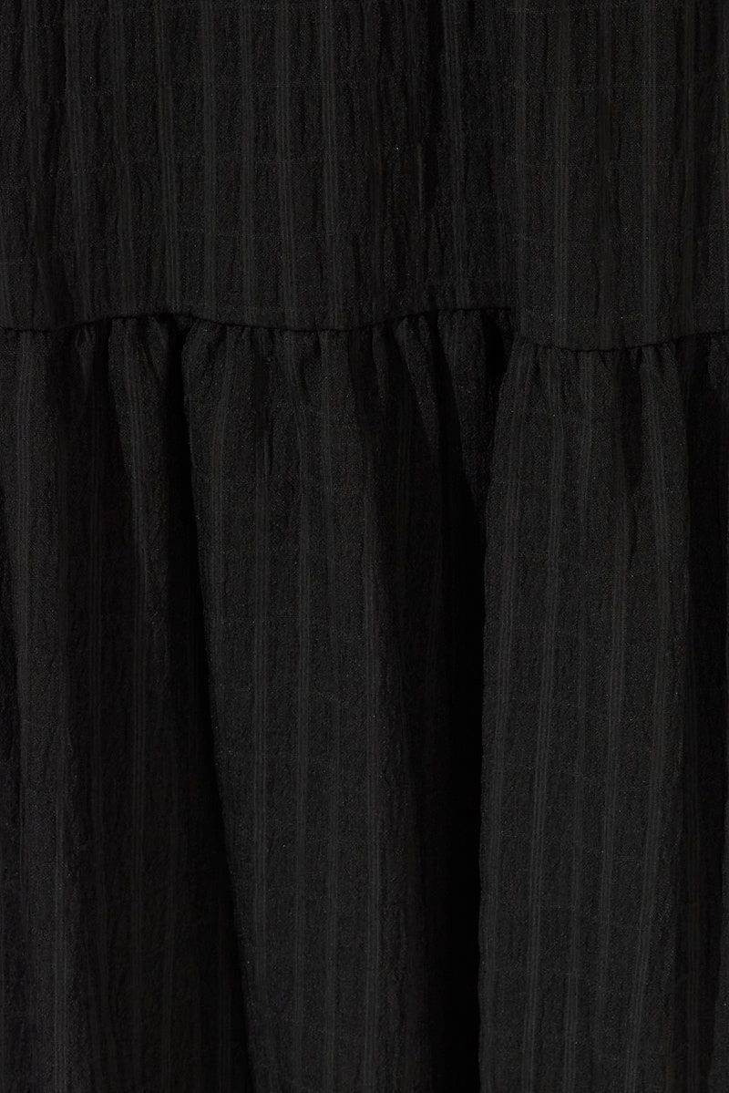 Black Midi Dress Puff Sleeve Ruch Front
