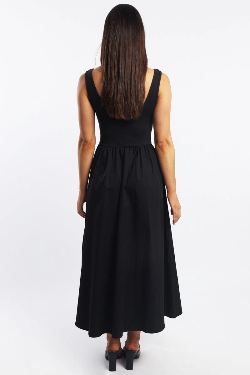 Black Midi Dress Ribbed Bodice