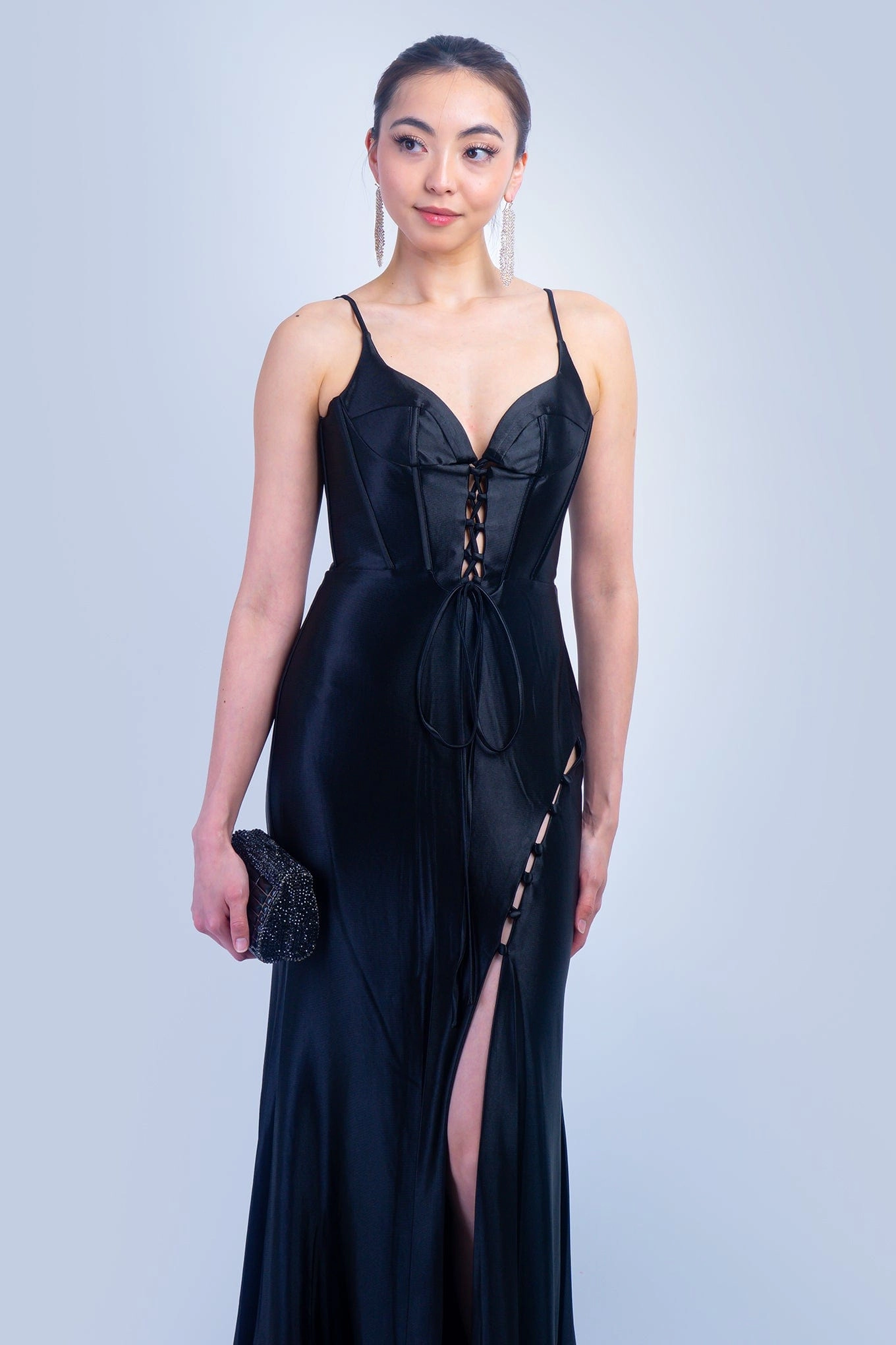 Black Sexy Sweetheart Strap Button Slit Gown