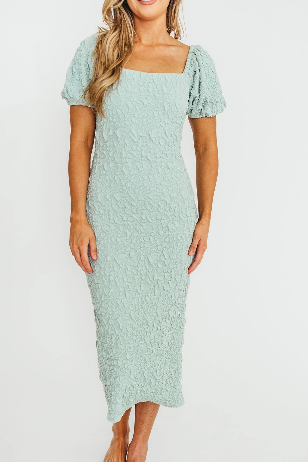 Blakeley Textured Midi Dress in Seafoam- Bump Friendly & Inclusive Sizing (S-3XL)