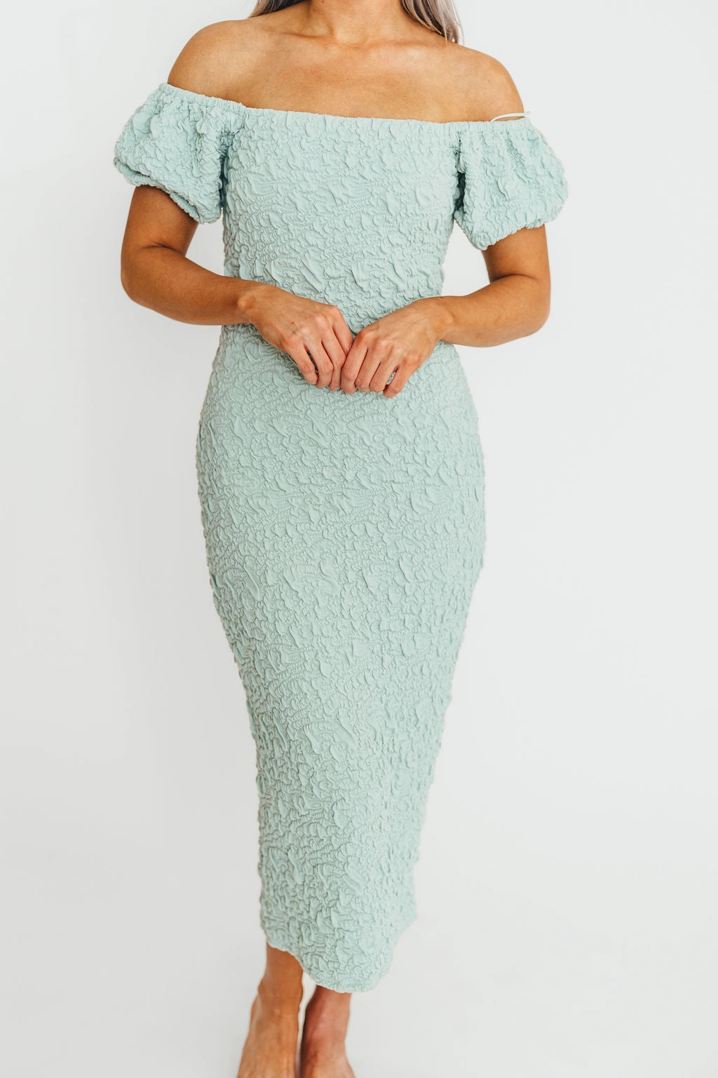 Blakeley Textured Midi Dress in Seafoam- Bump Friendly & Inclusive Sizing (S-3XL)