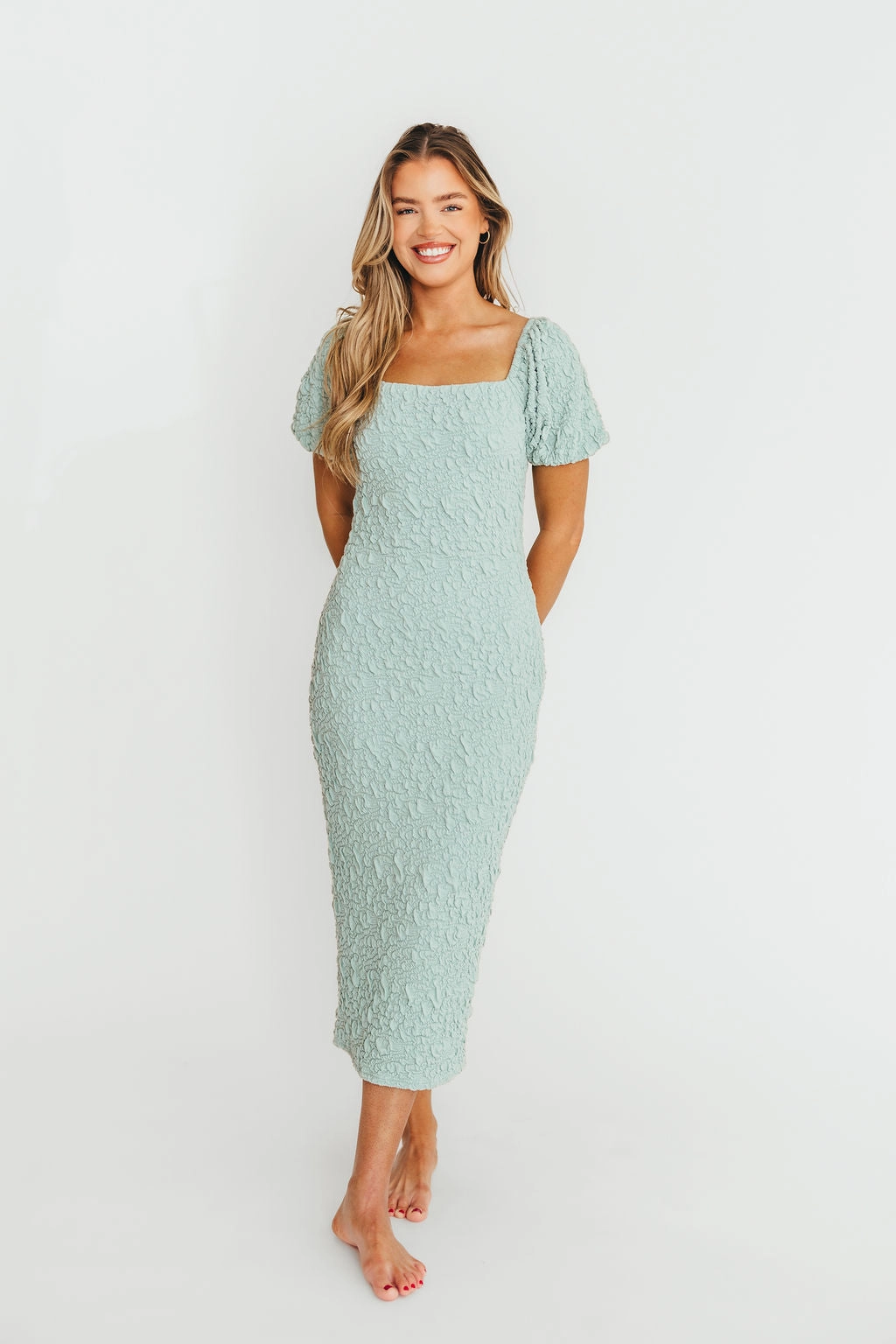 Blakeley Textured Midi Dress in Seafoam- Bump Friendly & Inclusive Sizing (S-3XL)