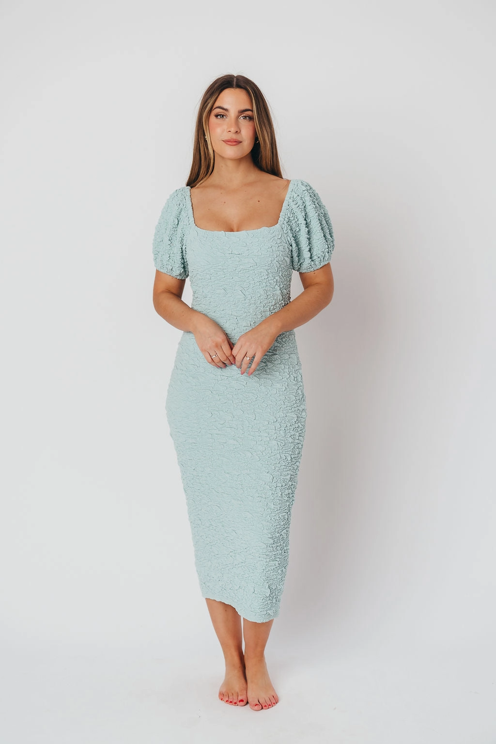 Blakeley Textured Midi Dress in Seafoam- Bump Friendly & Inclusive Sizing (S-3XL)