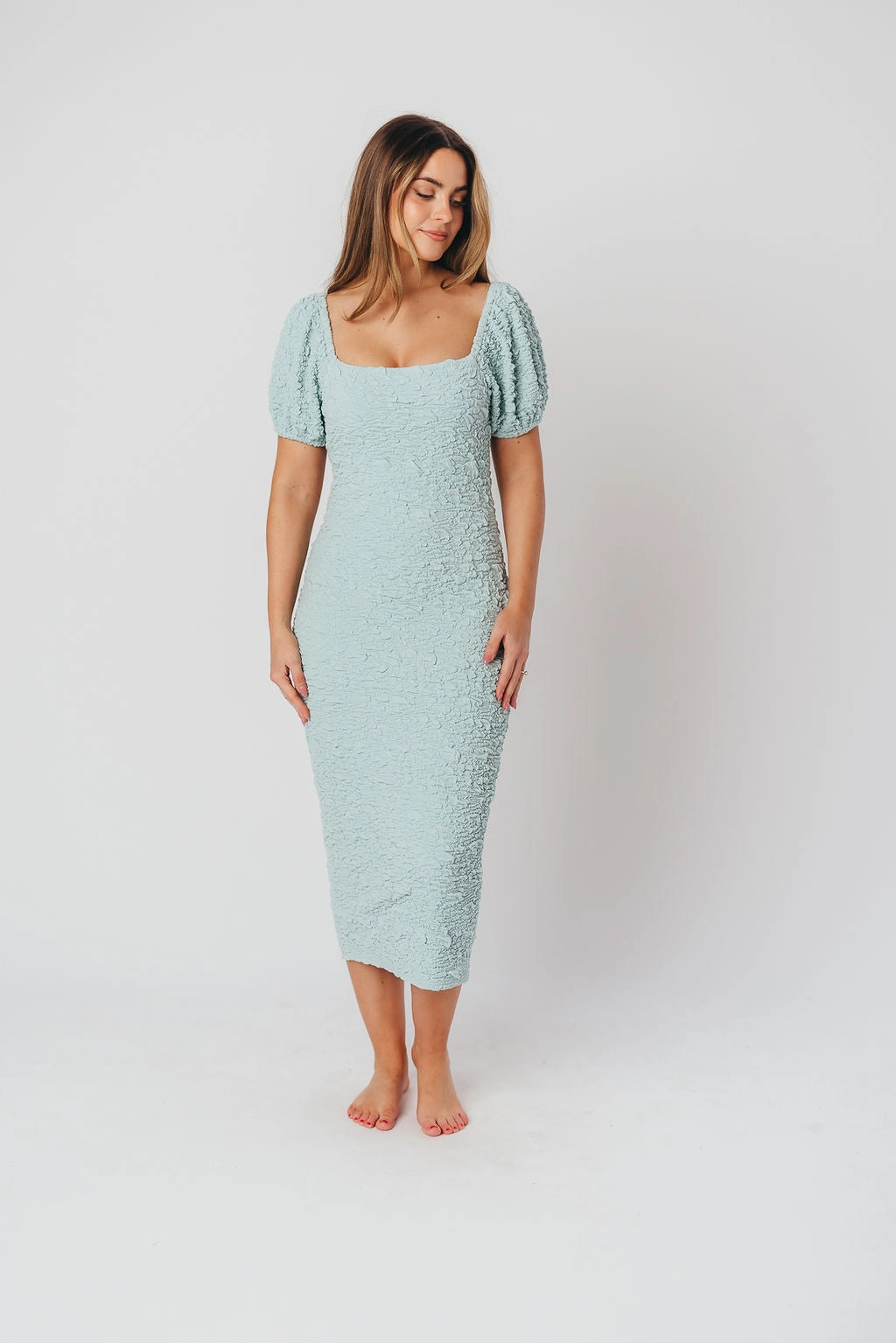 Blakeley Textured Midi Dress in Seafoam- Bump Friendly & Inclusive Sizing (S-3XL)