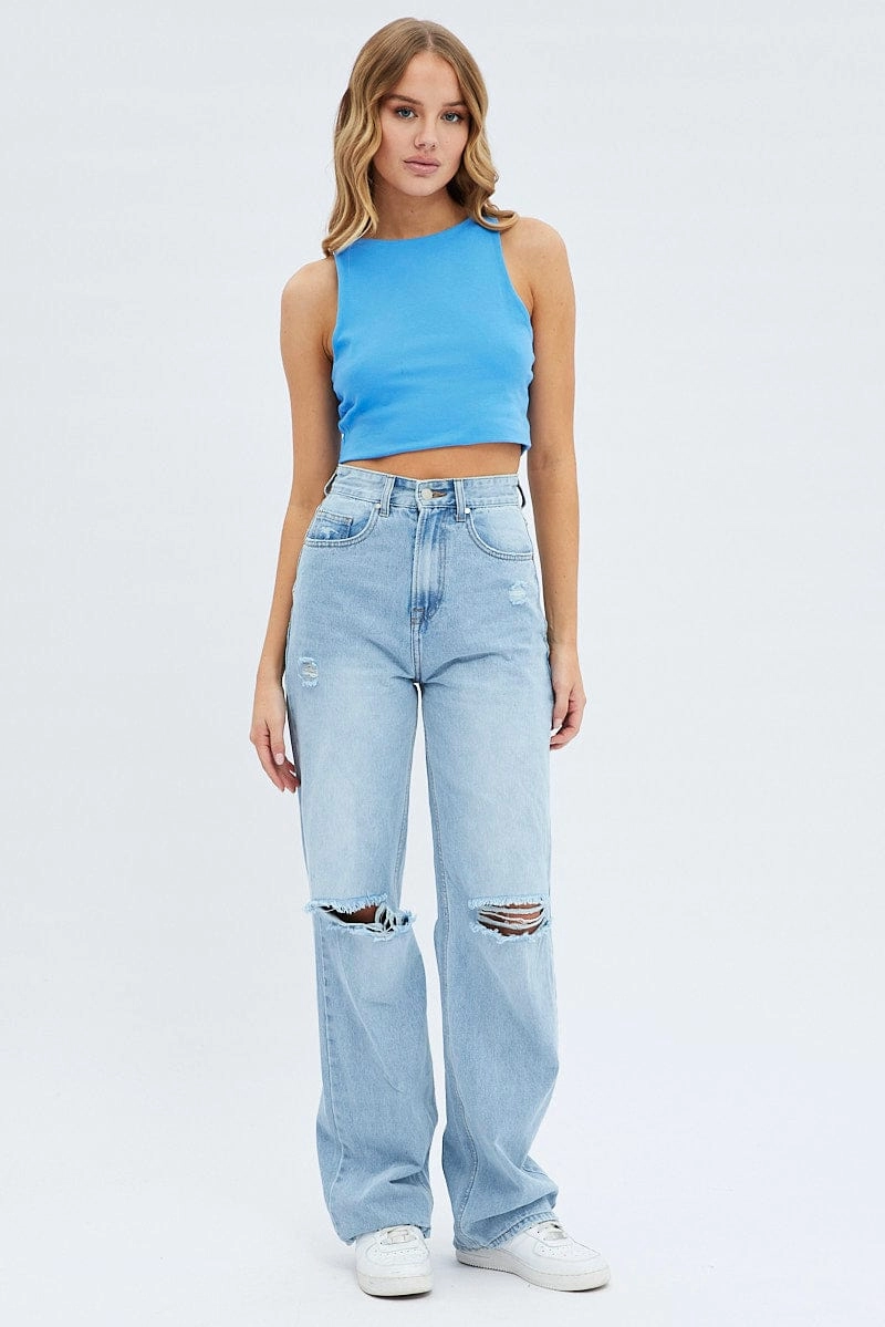 Blue Crop Tank Top Cotton
