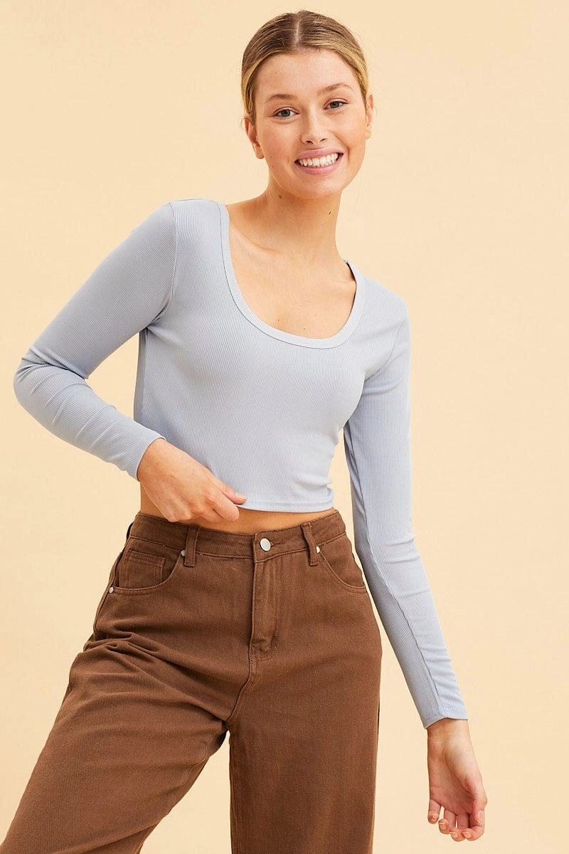 Blue Crop Top Scoop Neck Long Sleeve Rib