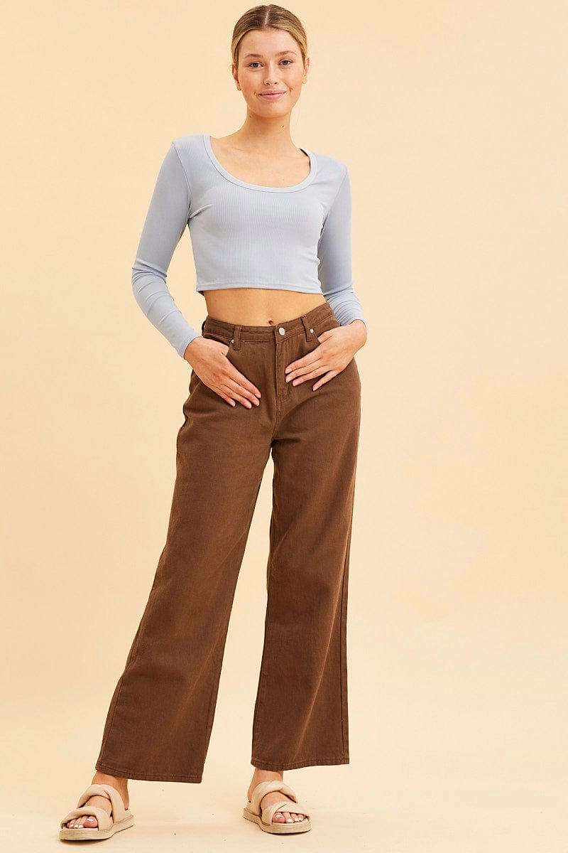 Blue Crop Top Scoop Neck Long Sleeve Rib