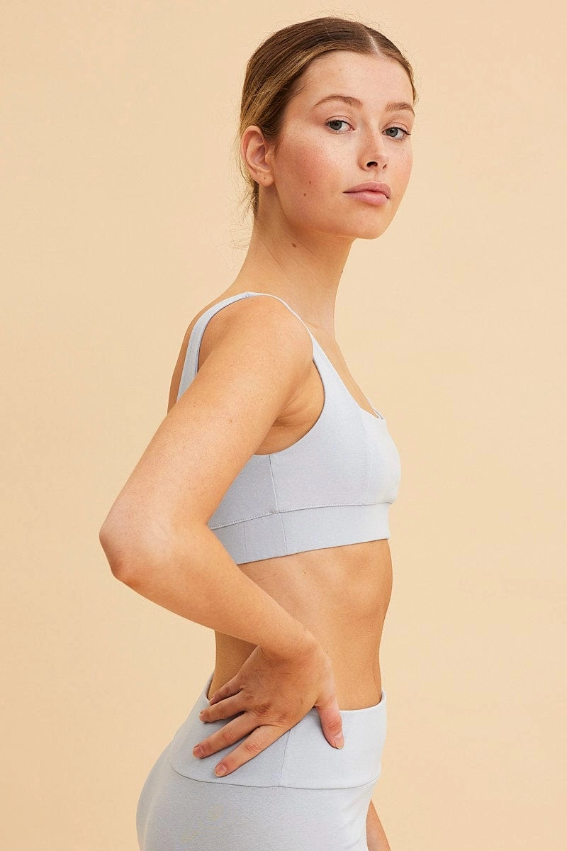 Blue Crop Top Square Neck Cotton Stretch