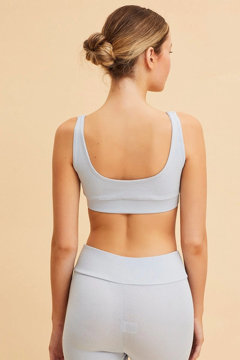 Blue Crop Top Square Neck Cotton Stretch