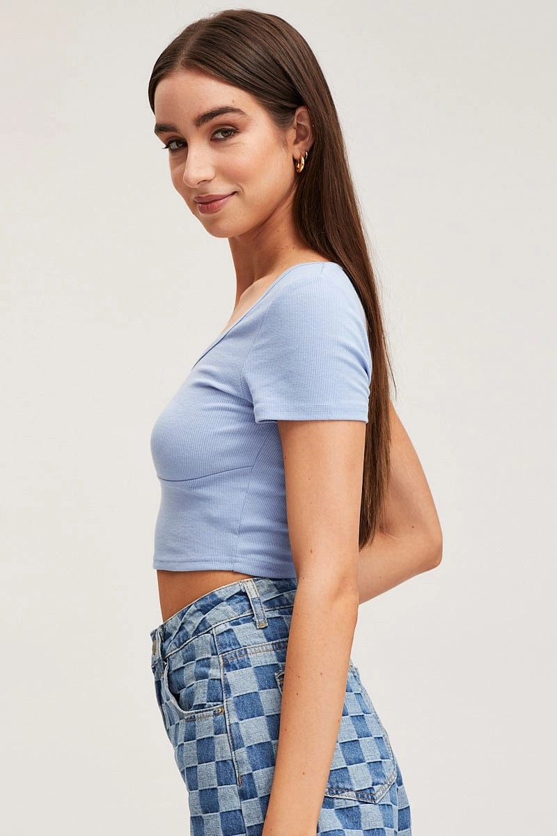 Blue Top Short Sleeve Round Neck