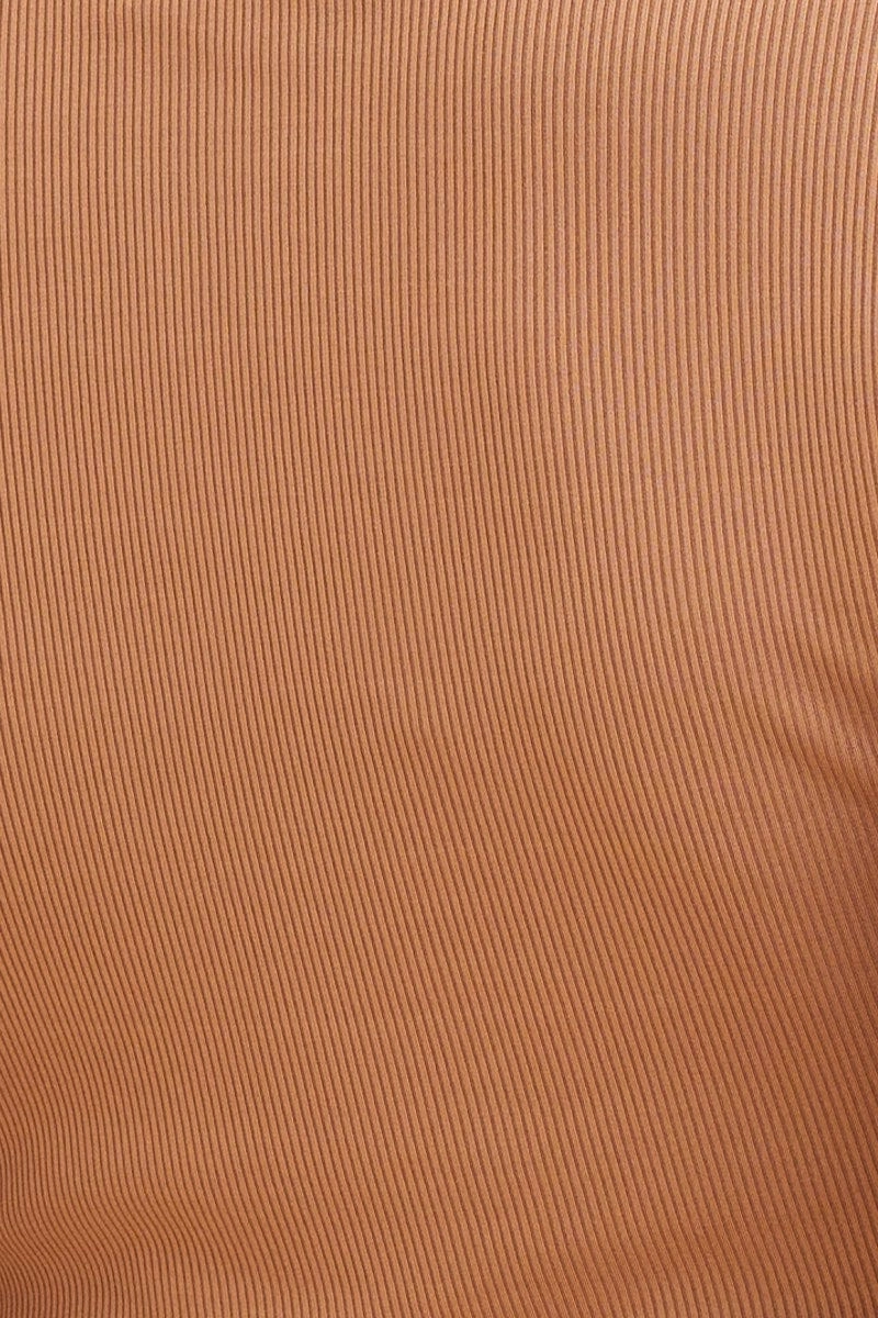 Brown Crop Top Scoop Neck Long Sleeve Rib