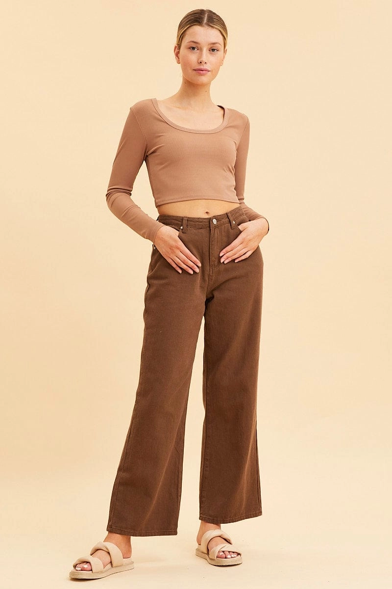 Brown Crop Top Scoop Neck Long Sleeve Rib
