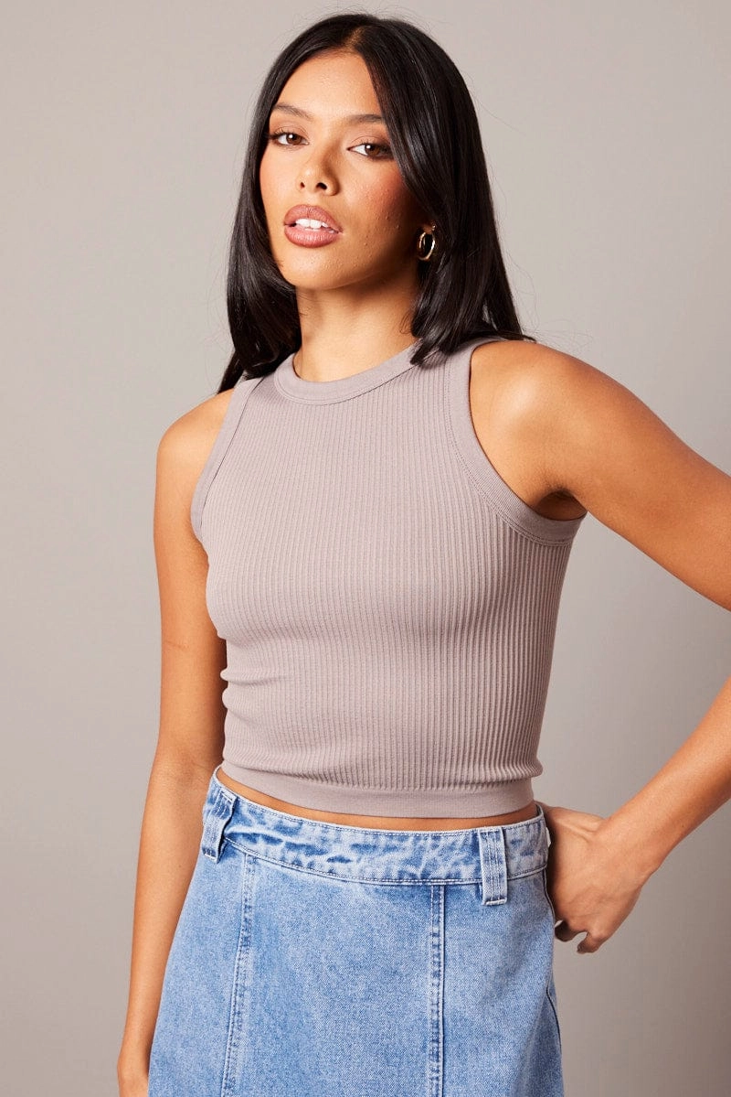 Brown Tank Top Crew Neck Seamless