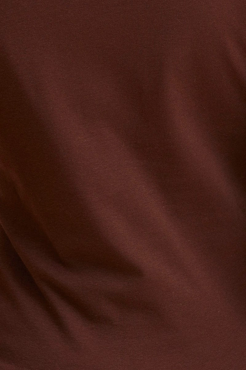 Brown V Neck Top Long Sleeve Cotton Stretch