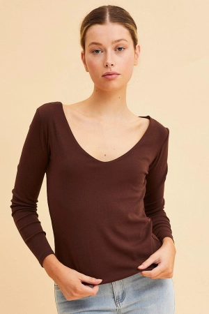 Brown V Neck Top Long Sleeve Cotton Stretch