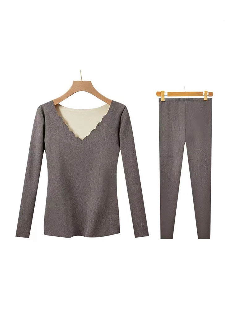 Casual Seamless V-Neck Basic Layer Thermal Sets