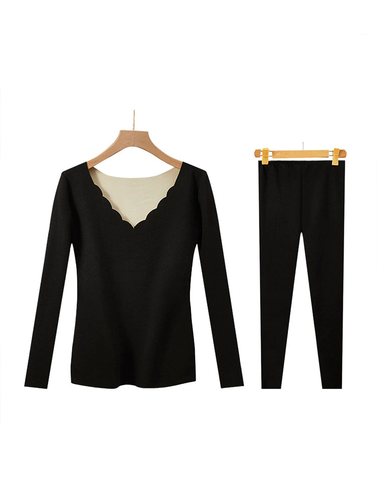 Casual Seamless V-Neck Basic Layer Thermal Sets